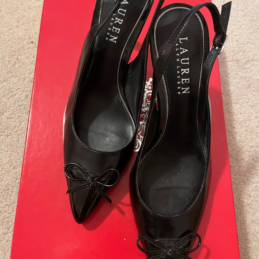 Lauren Ralph Lauren Black Heels, like new, shiny black with bow, size 6